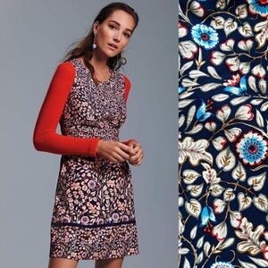 ANTHROPOLOGIE Sheath Dress in Floral Leaf Print Navy Size 0